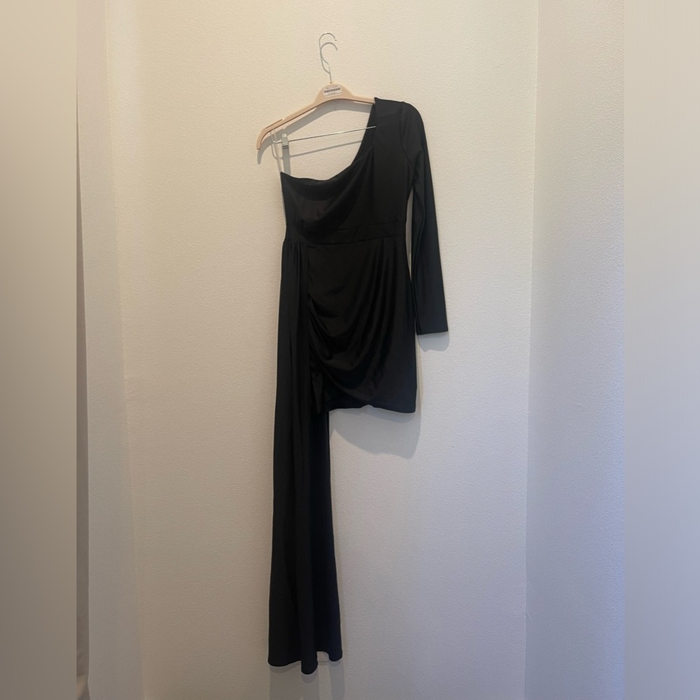 Black one shoulder drape dress